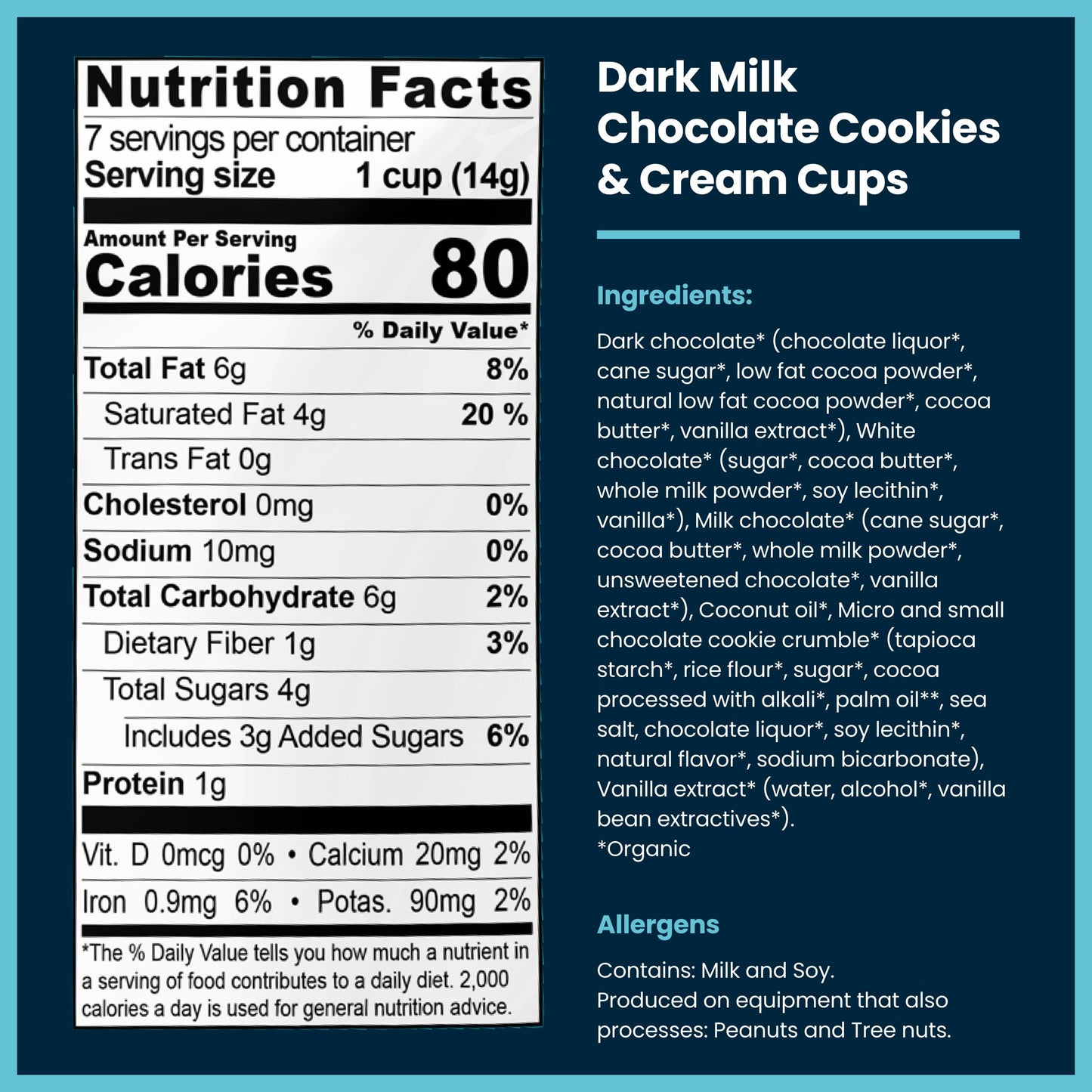 Chocxo Dark Milk Chocolate Cookies & Crème Cups - Lower Sugar, 69% Organic Cacao, Nongmo, Keto, Gluten Free, Kosher, No Artificial Sweeteners/Sugar  S, 3.45 Oz (Pack Of 6)