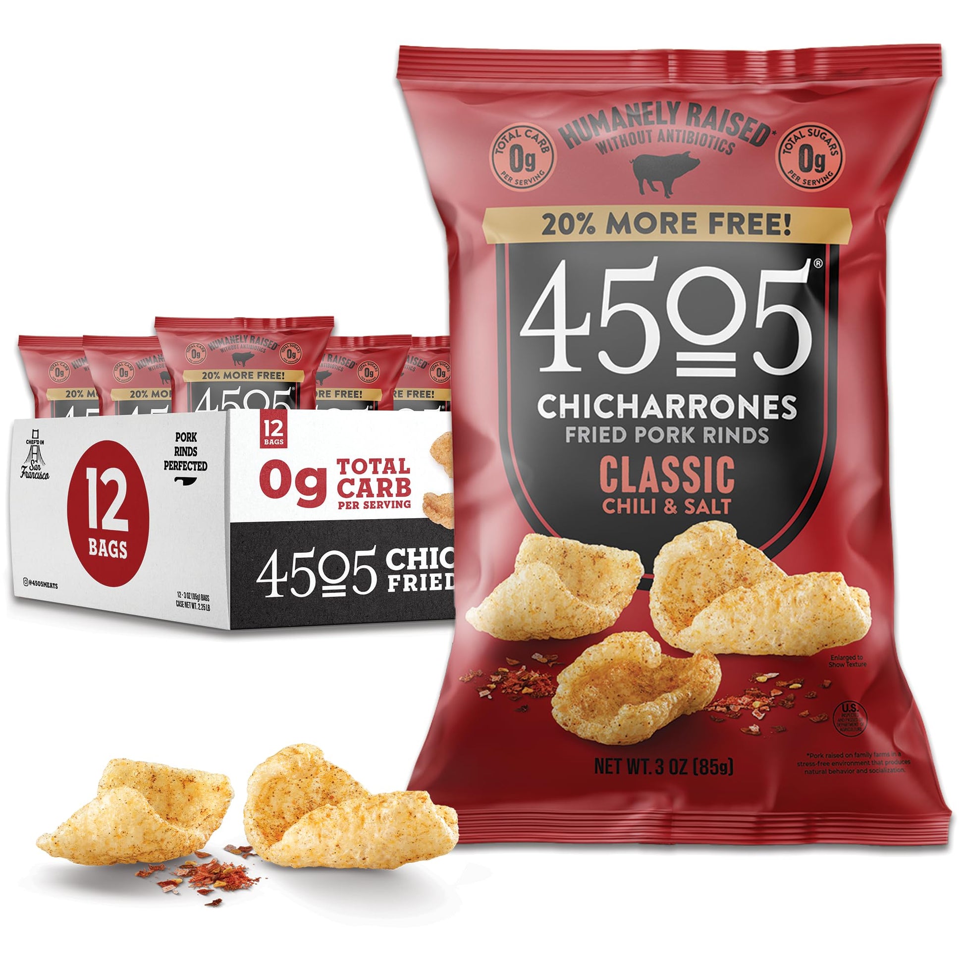 4505 CHICHARRONES Classic Seasoned Pork Rinds, Low Carb, Gluten-Free, 3oz, Chili & Salt Flavor