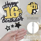 Happy 16Th Birthday Cake Topper, Black And Gold Glitter Cake Toppers, 16 Year Birthday Party Cake Decoration