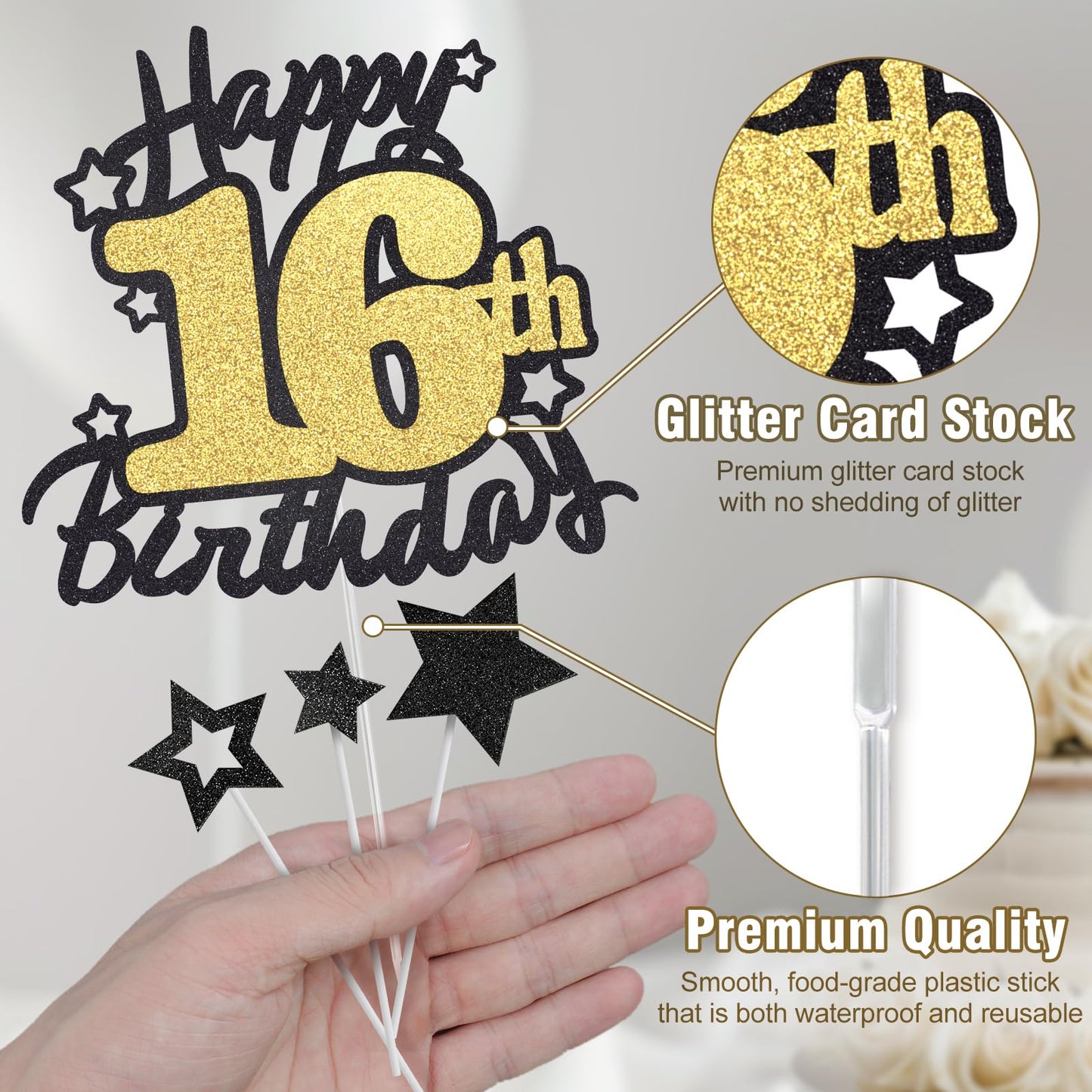 Happy 16Th Birthday Cake Topper, Black And Gold Glitter Cake Toppers, 16 Year Birthday Party Cake Decoration