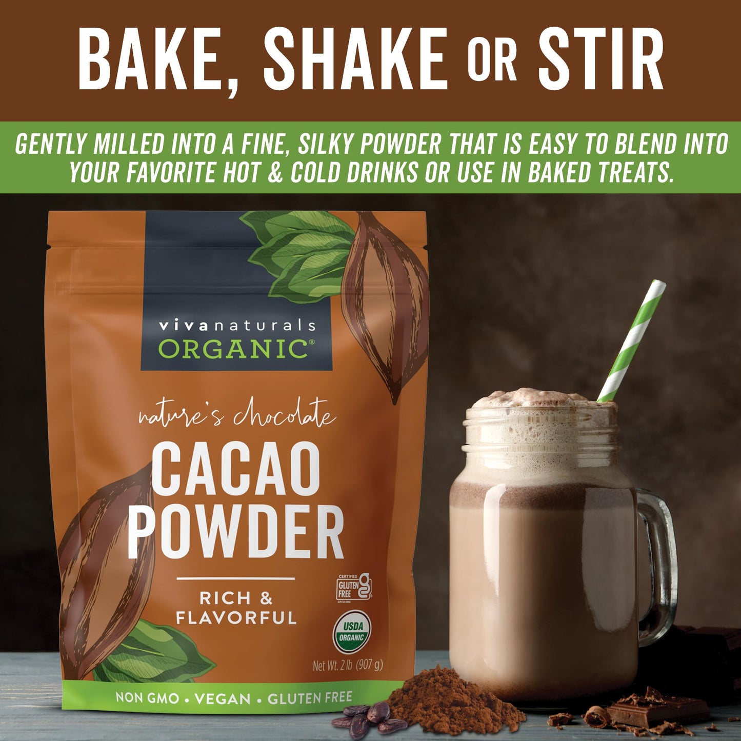 Viva Naturals Organic Cacao Powder, Unsweetened, 2 lb, Vegan, Keto, Gluten-Free