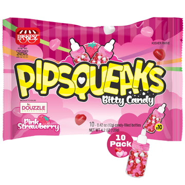 DOUzzle Baby Shower Party Favors - Pipsqueaks Bitty Candy, Pink Strawberry Candy-Filled Bottles (10 Count, Pack of 1) Individual
