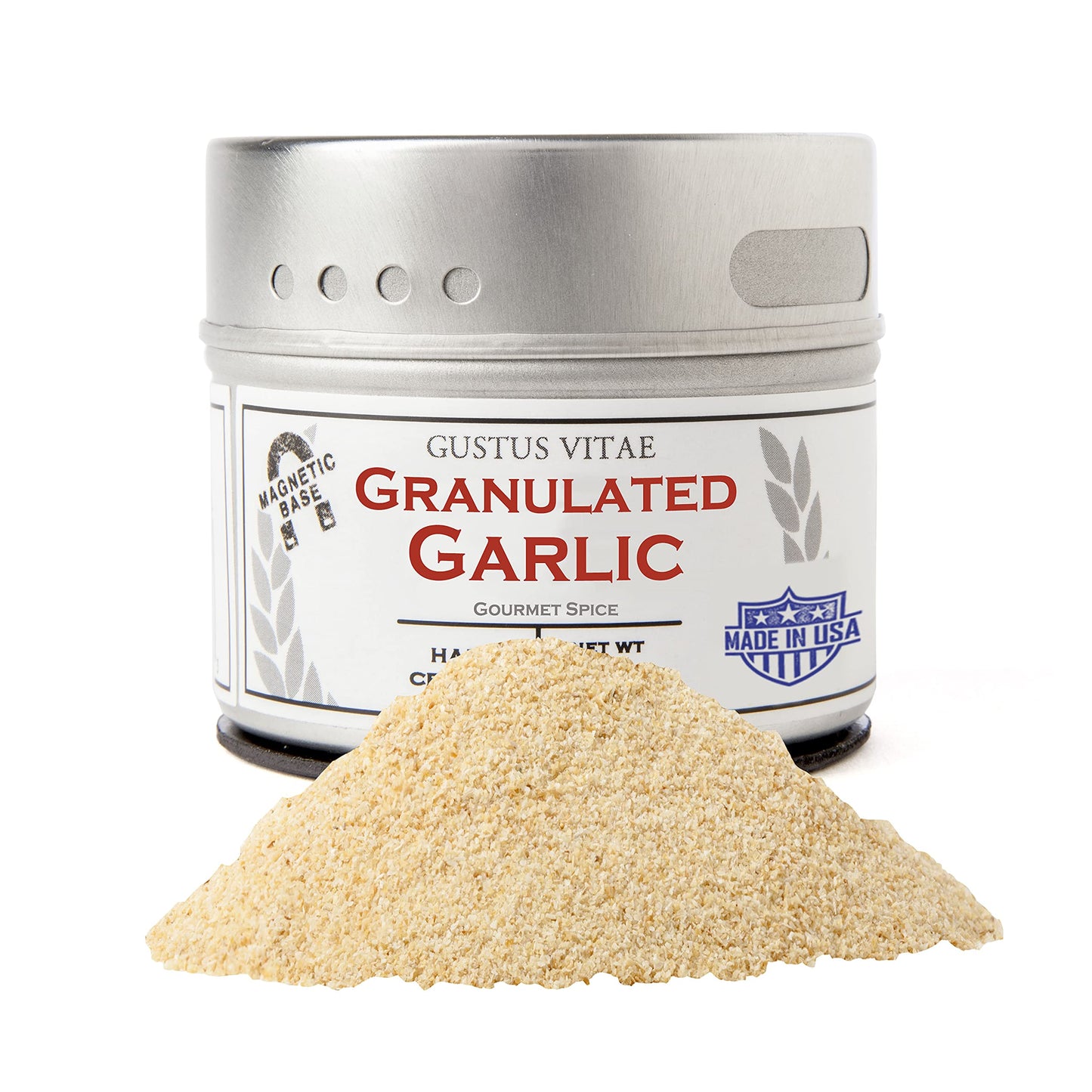 Gustus Vitae Granulated Garlic - All Natural, Non-GMO, 2.2 Ounce, Silver Magnetic Tin