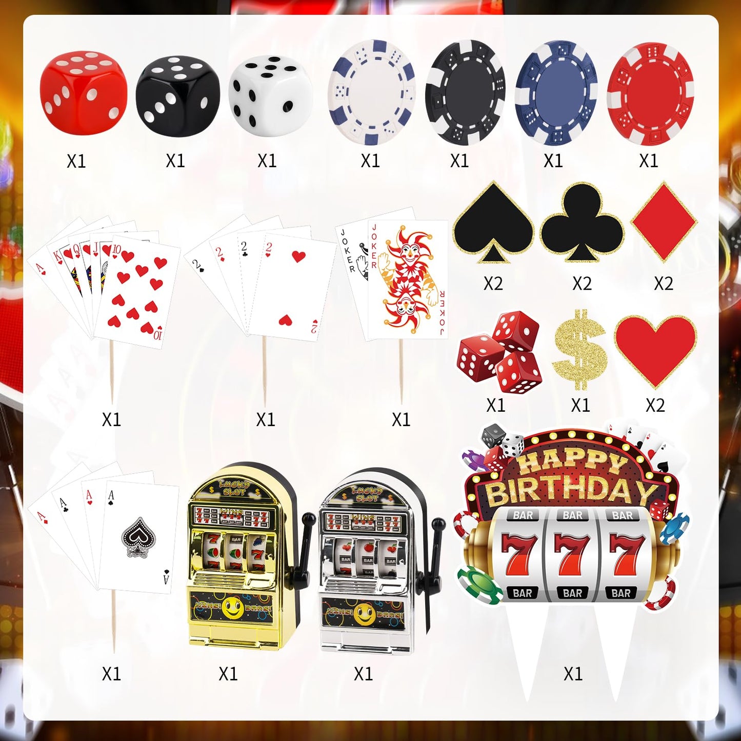 Atiloy  card-style Cake Topper Set - 24 Pieces, Mini Toy Slot Machine, Small, Plastic, Red/Black/White