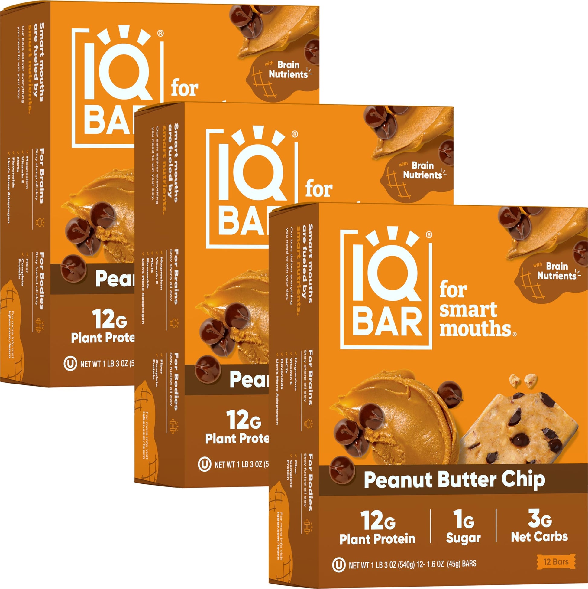 Iqbar Brain And Body Plant Protein Bars - Peanut Butter Chip - 36 Count, Low Carb, High Fiber, Gluten Free, Vegan Snacks - Low S