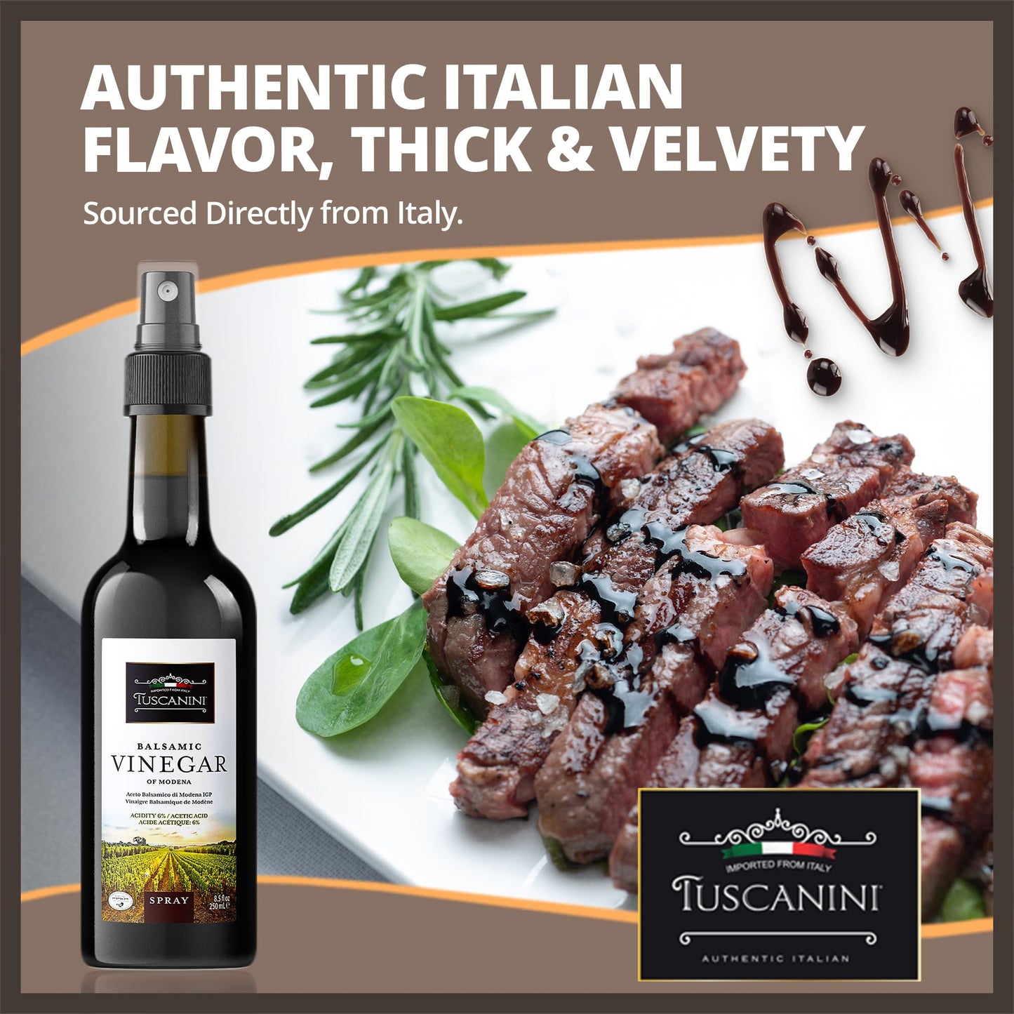 Tuscanini Italian Balsamic Vinegar Of Modena Italy, 6% Acidity, 8.45Oz (2 Pack) Glass Bottle | Spray Top | Certified Kosher