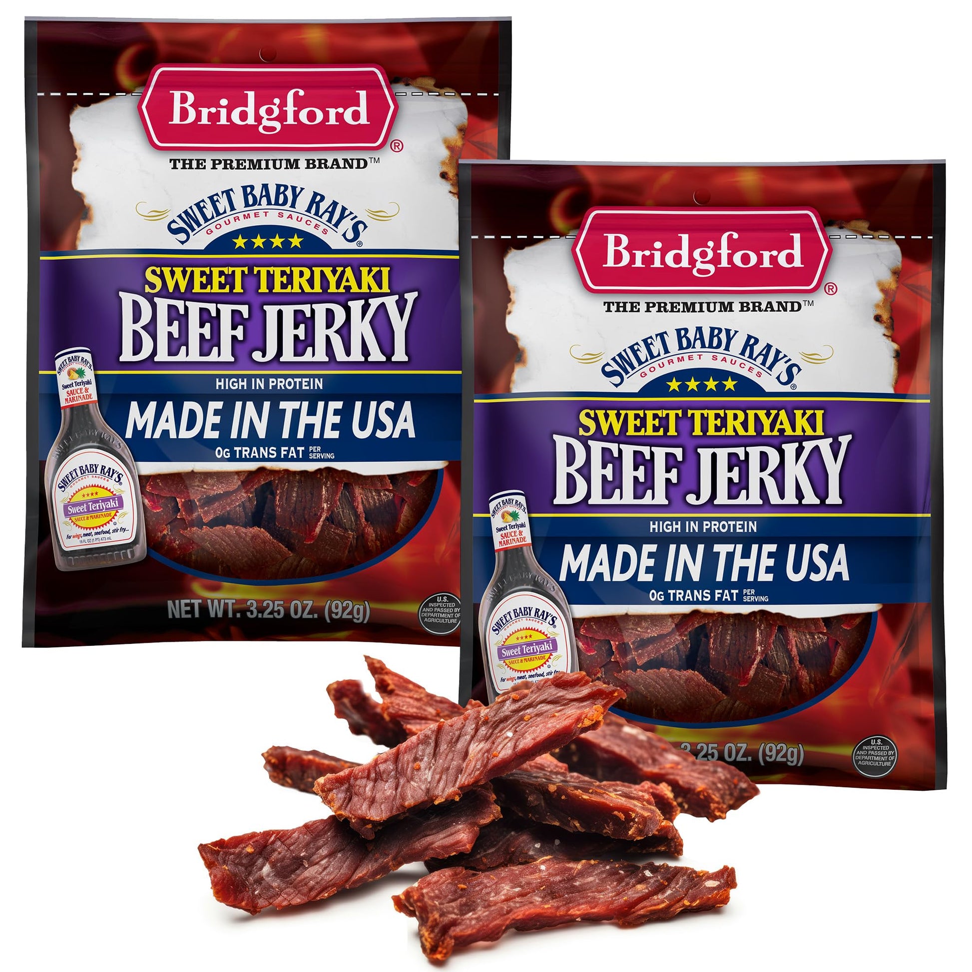 Bridgford Sweet Baby Rays Beef Jerky Sweet Teriyaki 3.25 oz Pack of 2 - Protein-Rich Snacks for Low Carb and High Protein Diets 