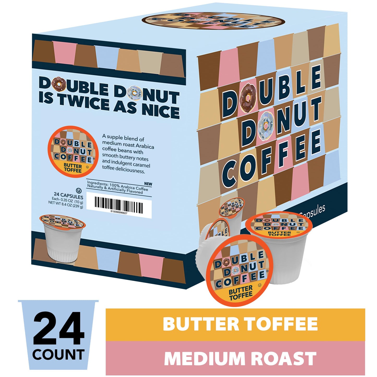 Double Donut Coffee Coffee Pods, Medium Roast, Butter Toffee Flavor, 24 Count, Compatible with Keurig K Cups
