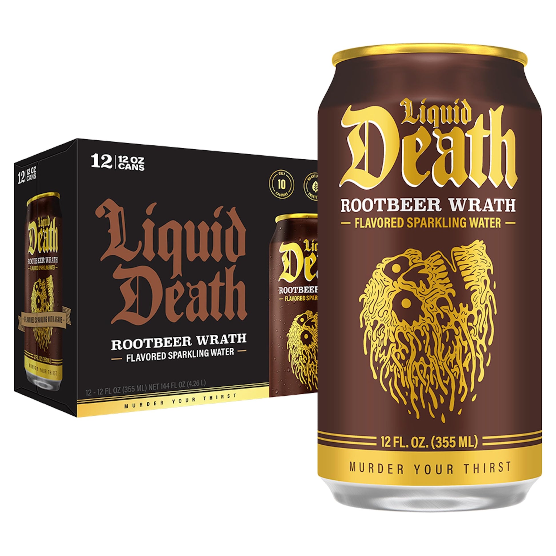 Liquid Death Rootbeer Wrath Sparkling Water, Low Sugar, 12oz Cans, 12-Pack