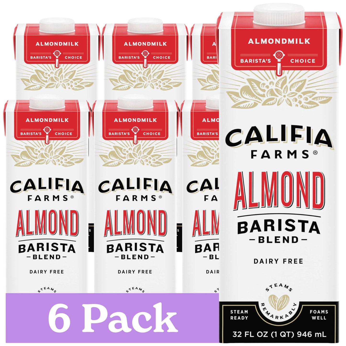 Califia Farms - Original Almond Barista Blend Almond Milk 32 Oz (Pack Of 6), Shelf Stable, Dairy Free, Plant Based, Vegan, Glute