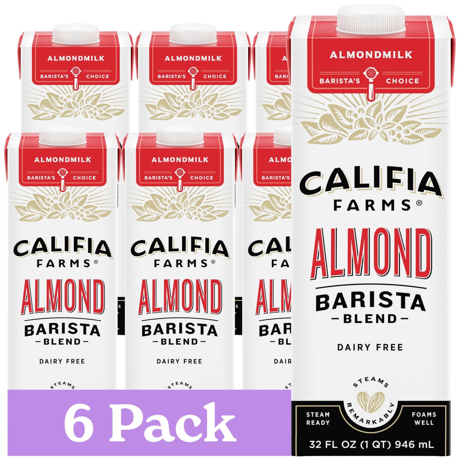 Califia Farms - Original Almond Barista Blend Almond Milk 32 Oz (Pack Of 6), Shelf Stable, Dairy Free, Plant Based, Vegan, Glute