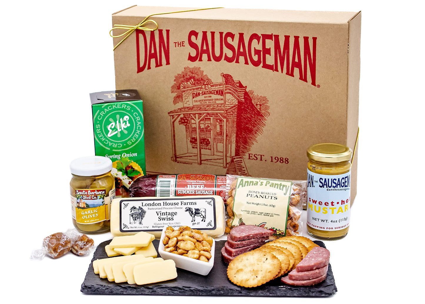 Dan the Sausageman Gourmet Gift Basket - 8 Piece Set with Summer Sausage, Cheese, Mustard, Crackers, Olives, Nuts, and Candy