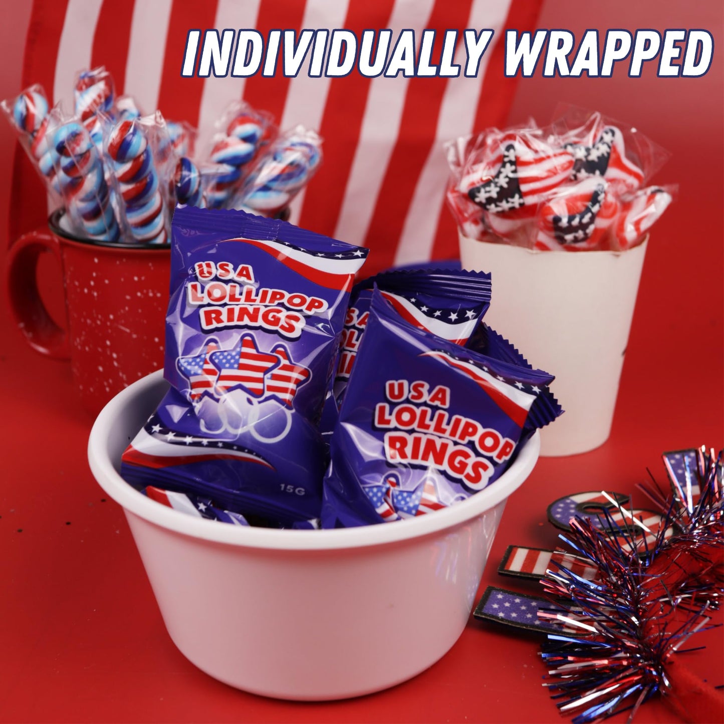 Sweetzo Red, White and Blue Candy Star Suckers - 4th of July Lollipops, Individually Wrapped, Small Size