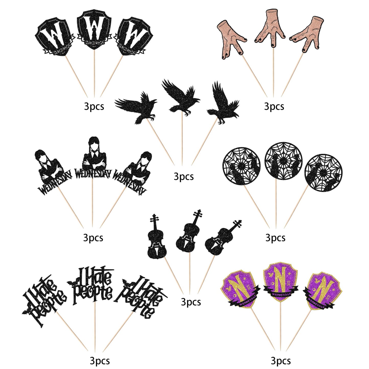YCTHUNFISH Cupcake Toppers, 24 Pack Glitter Wednesday Addams, Paper, W 6.2 x H 7.8, Black Bat Girl Birthday Party Decorations