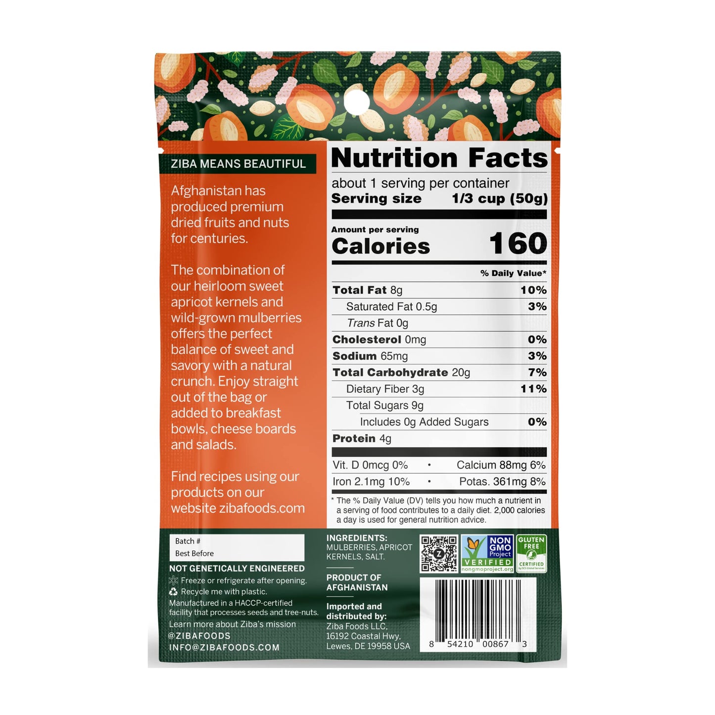 Ziba Foods Trail Pairing Sweet Apricot Kernels & Dried Mulberries, Non-GMO, Vegan, 1.76 Ounce (Pack of 6)