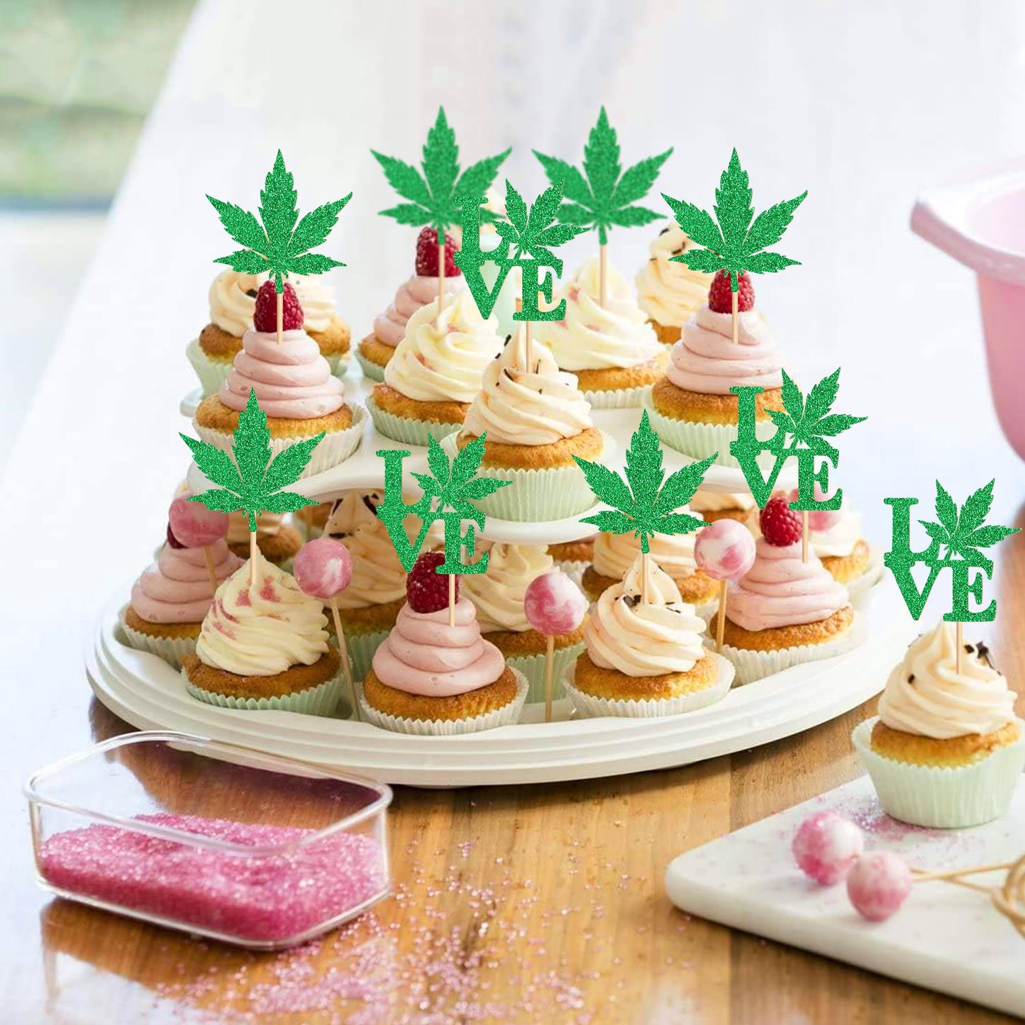 Ercadio 24 Pcs Green Glitter Cupcake Toppers for Birthday Party Decorations