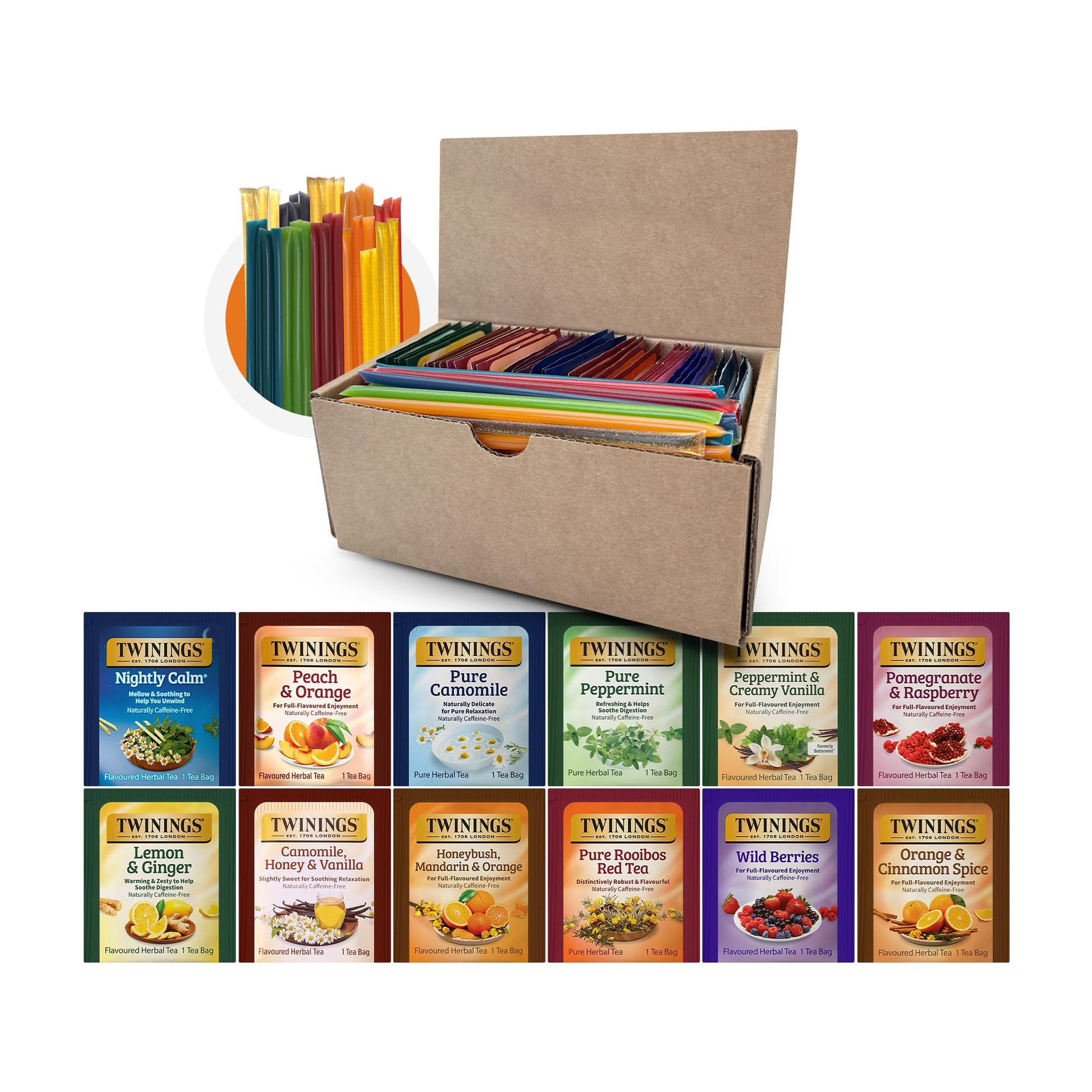 Twinings 48 Tea Bags Herbal Variety Pack  Bundle with 20 Flavored Honey Sticks - 12 Flavors Caffeine-Free Individually Wrapped Teas for Gift Basket  Office  Lobby Refreshments