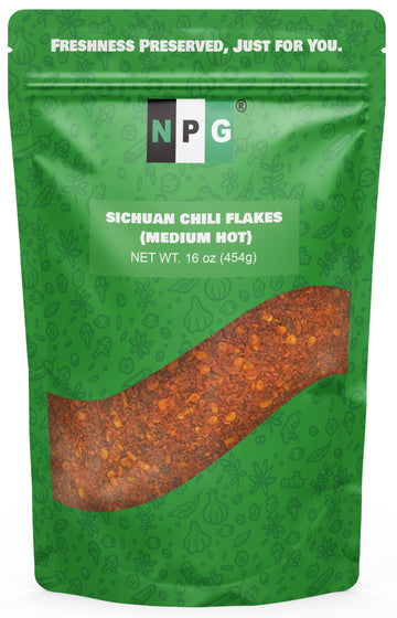 NPG Authentic Sichuan Chili Flakes 16 Ounces, Medium Hot, Szechuan Crushed Red Pepper Flakes Bulk, Essential Spice Seasoning for