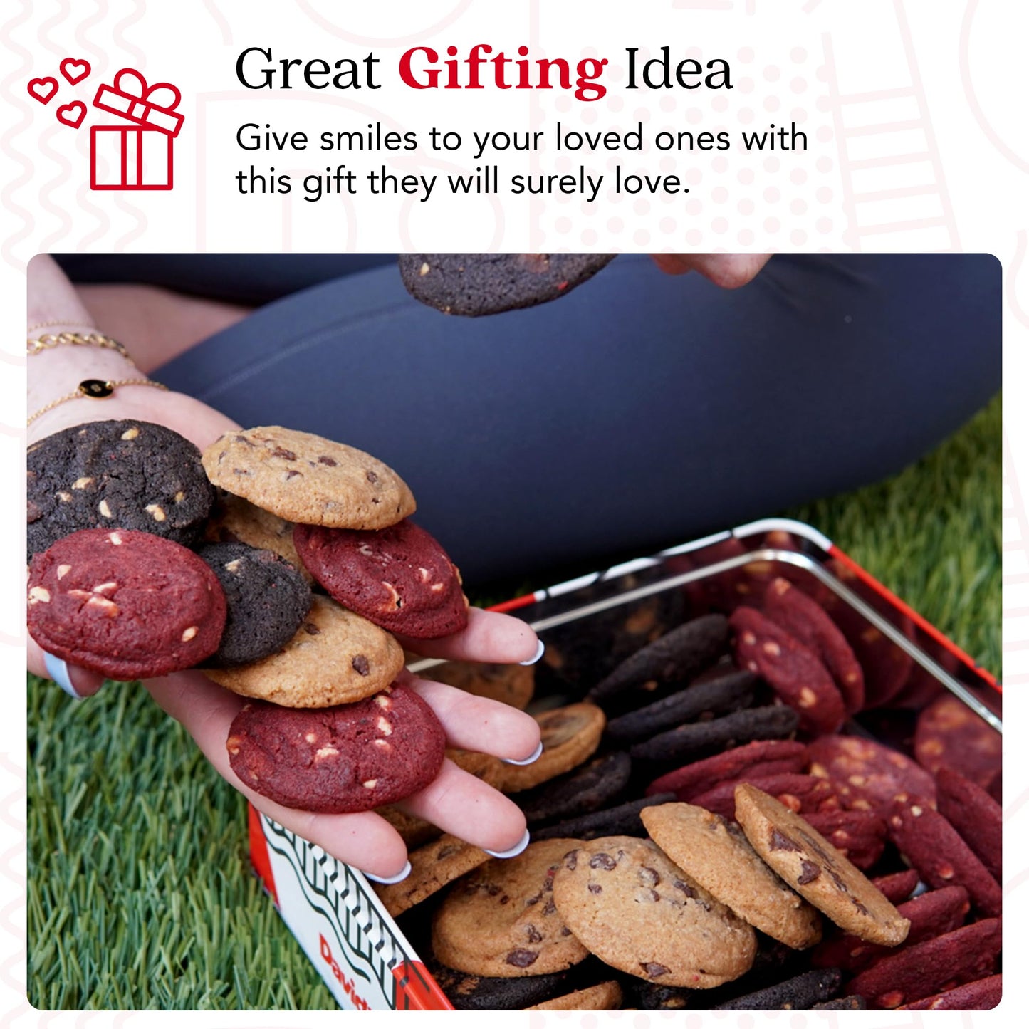 Davids Cookies Freshly Baked Melt In Your Mouth Assorted Mini Cookies with Chocolate Chip  Chocolate & White Chocolate Chip & Red Velvet Cookies (Assorted Mini Cookies in Regular Tin - 1Lb)