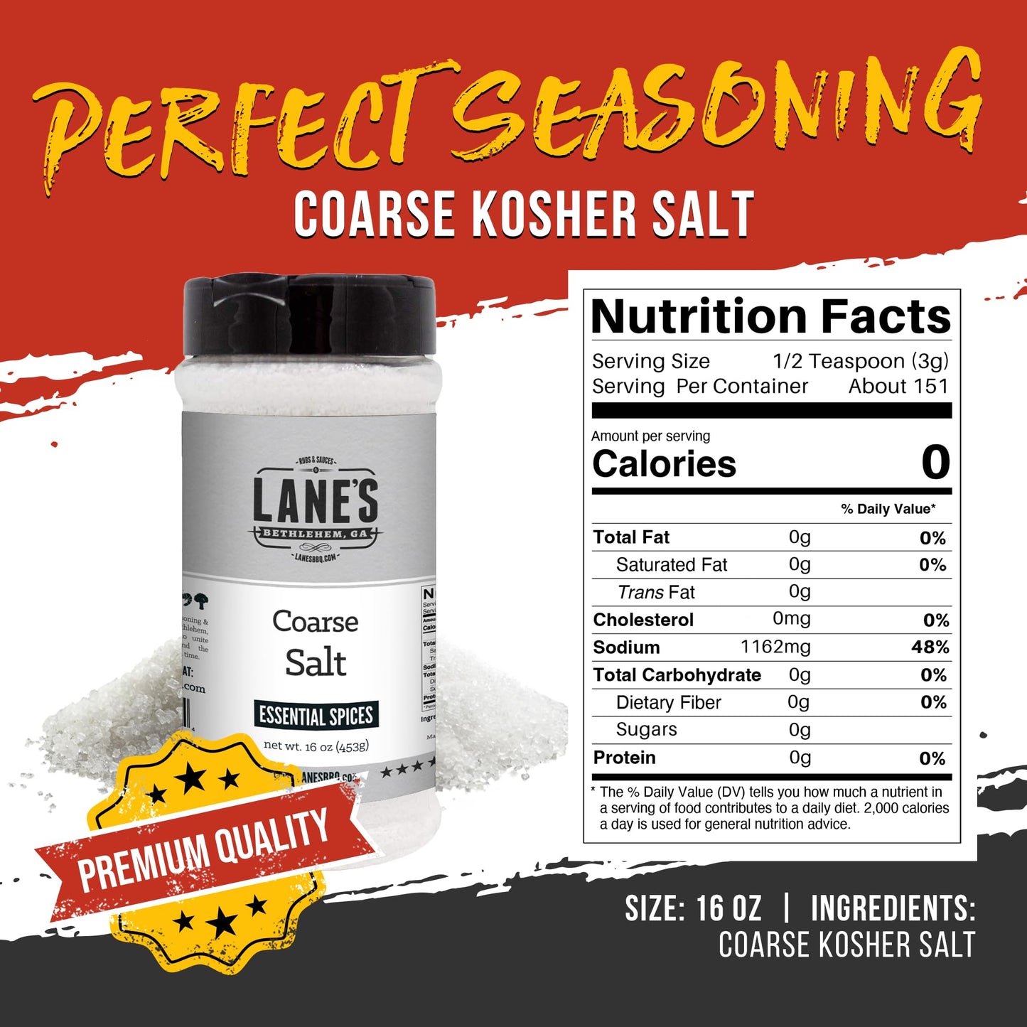 Lanes Kosher Salt Coarse Sea Salt, All-Natural, Gluten-Free, 16 Oz