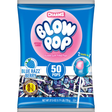 Charms Blow Pop Single Flavor Bag - Blue Raspberry Flavored Lollipops With A Bubble Gum Center - Individually Wrapped Hard Candy