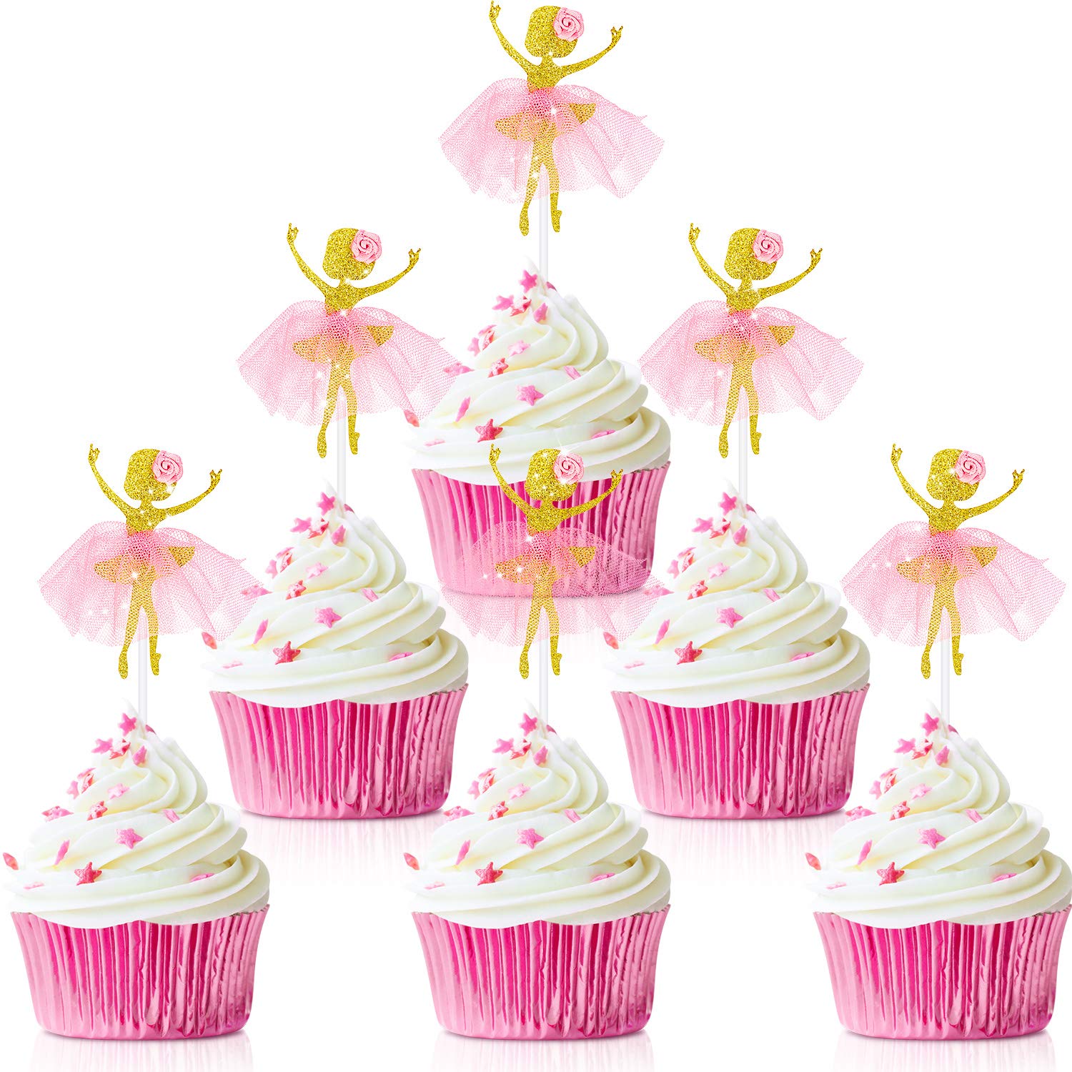 48 Pieces Ballerina Tutu Ballet Dancer Girls Cupcake Toppers Dancing Cake Dessert Muffin Toppers For Wedding Baby Shower Birthda