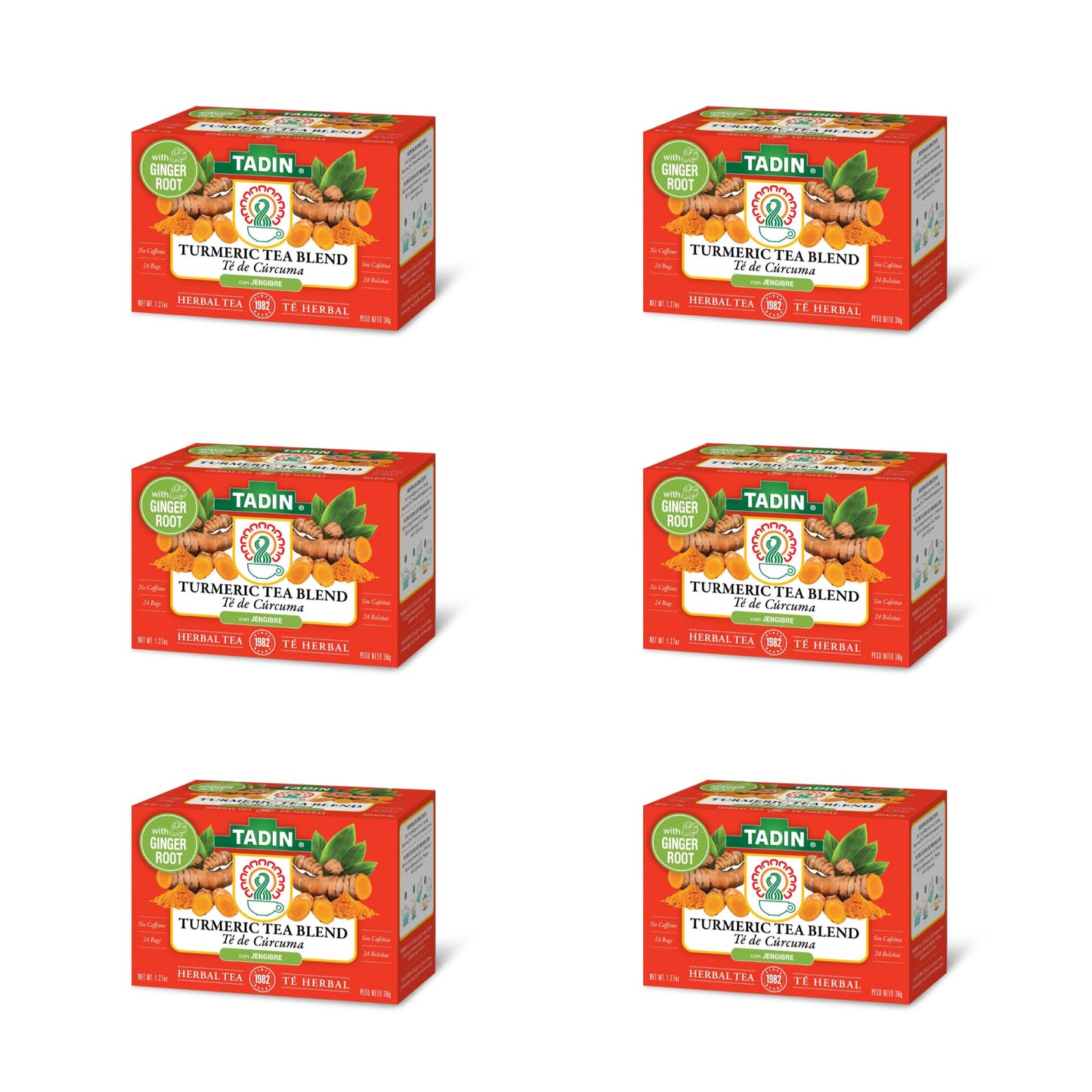 Tadin Turmeric Herbal Tea Blend, Caffeine Free, 24 Tea Bags per Box, Pack of 6