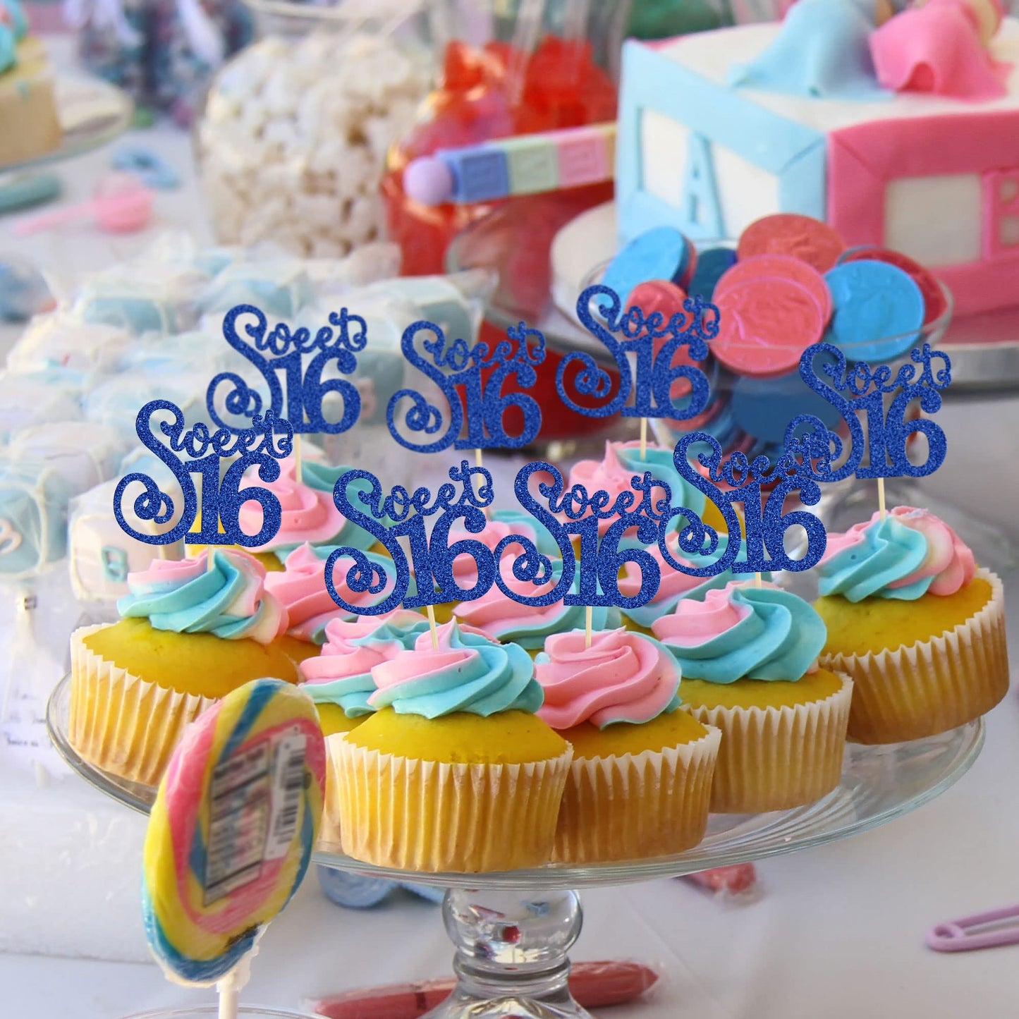 Gyufise 24 Pack Cupcake Toppers Glitter Happy Sweet 16 Decorations, Blue, Model ZN0475-4-DBL