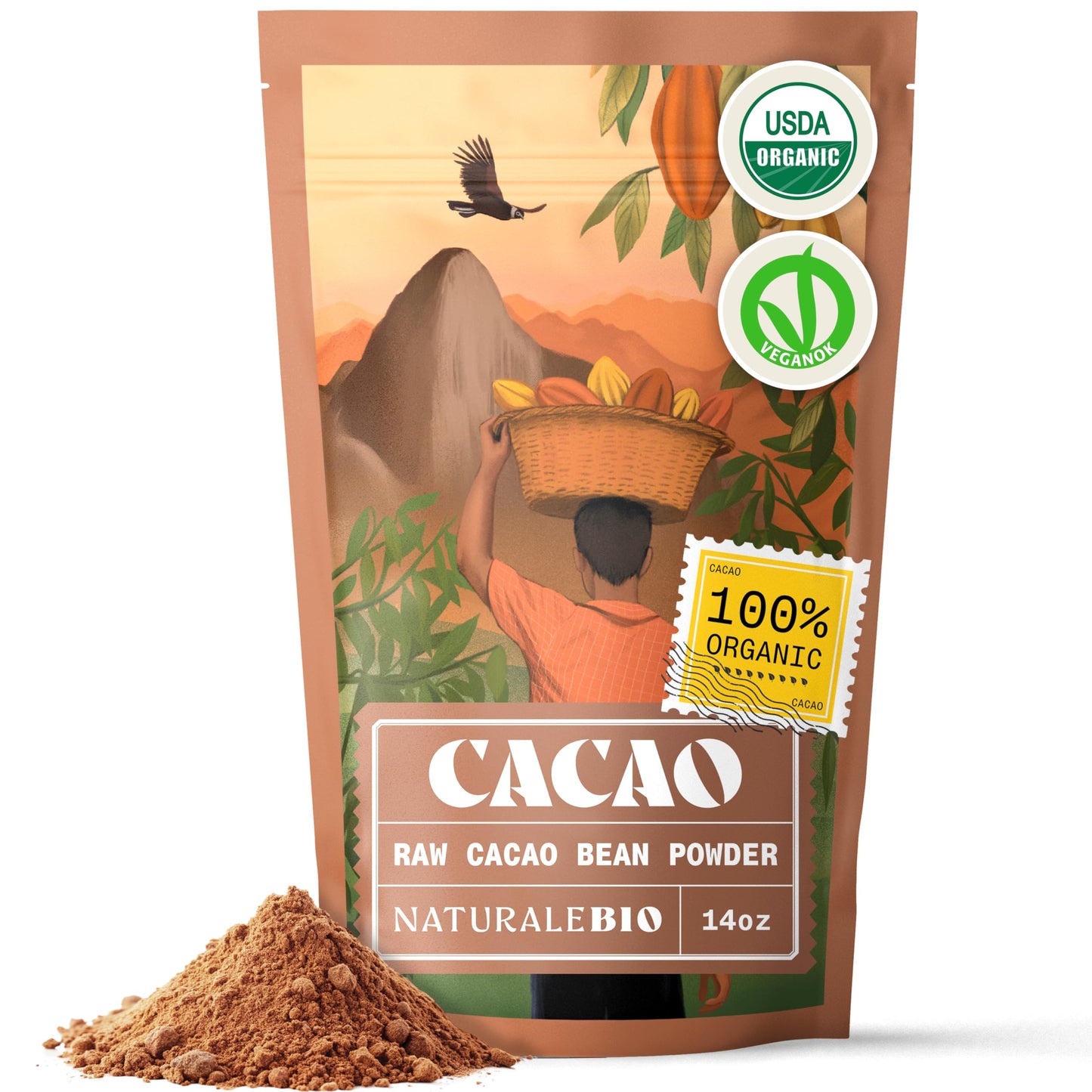NaturaleBio Cacao Powder Organic 14oz. Unsweetened, Non-Alkalized and Pure. Cocoa Powder Substitute with Rich Dark Chocolate Fla