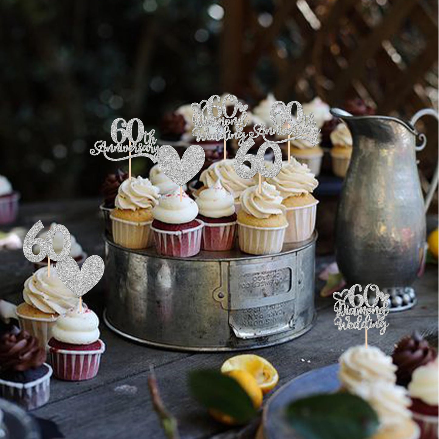24 Pcs 60Th Anniversary Cupcake Toppers Silver Glitter Heart 60 Diamond Wedding Anniversary Cupcake Picks Cheers To 60 Years Cak