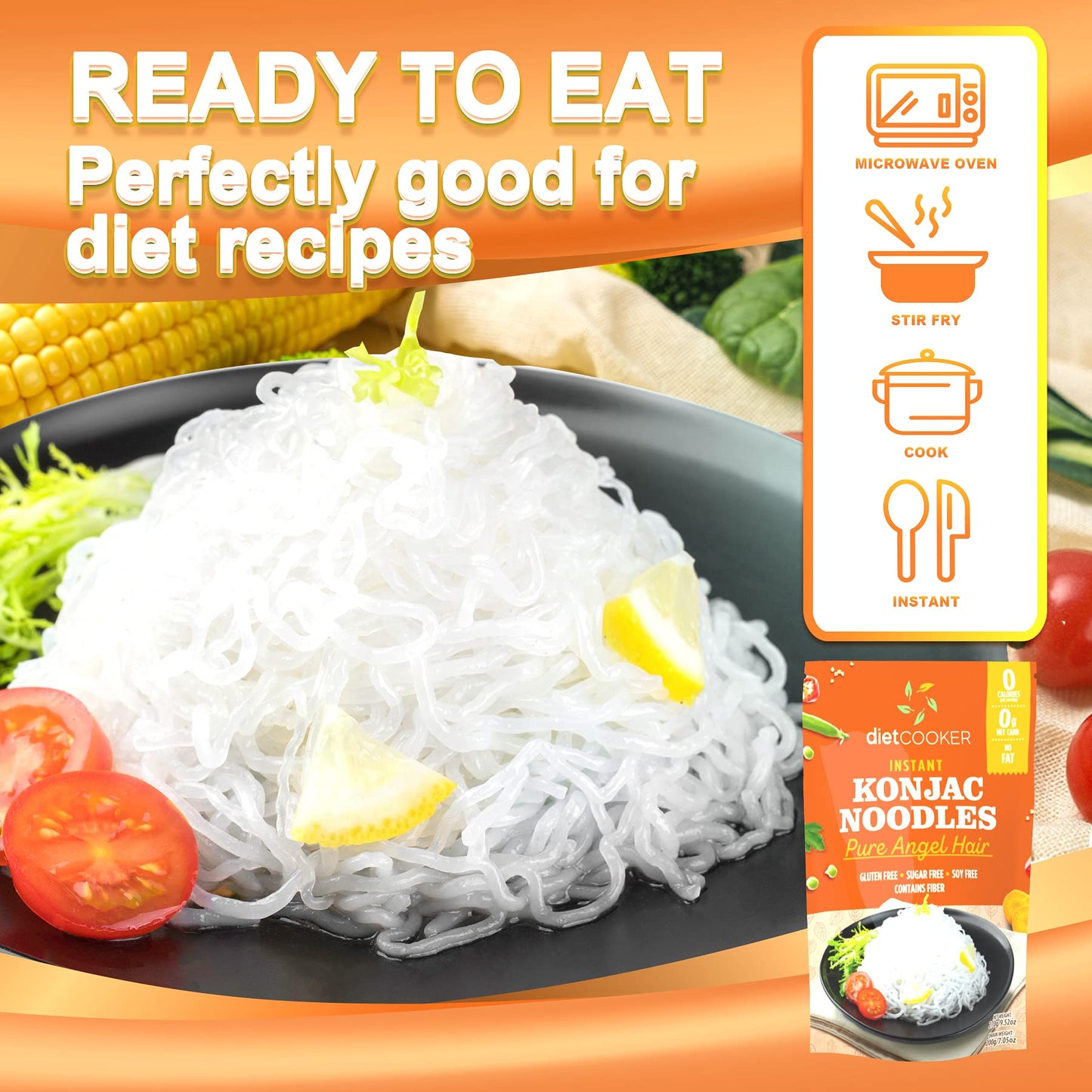 DIET COOKER Shirataki Noodles - Keto & Vegan, 9.52 oz (10 Packs), Zero Net Carbs, Low Calorie Pasta, Odor Free, Healthy Diet Food
