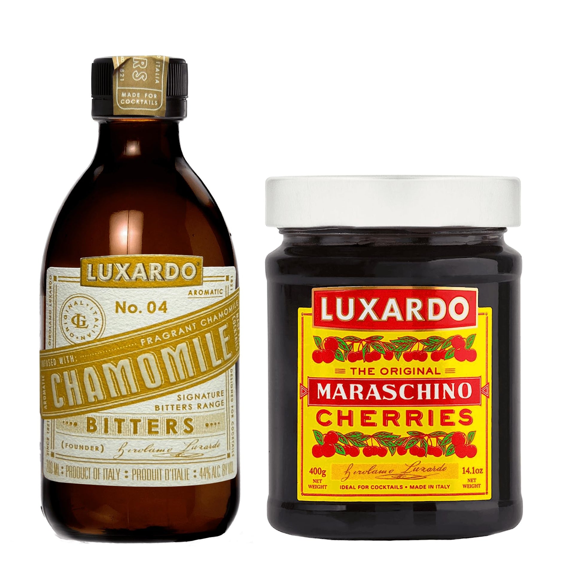 Luxardo Maraschino Cherry and Aromatic Bitters Variety Pack (Chamomile Bitter + Maraschino Cherry)