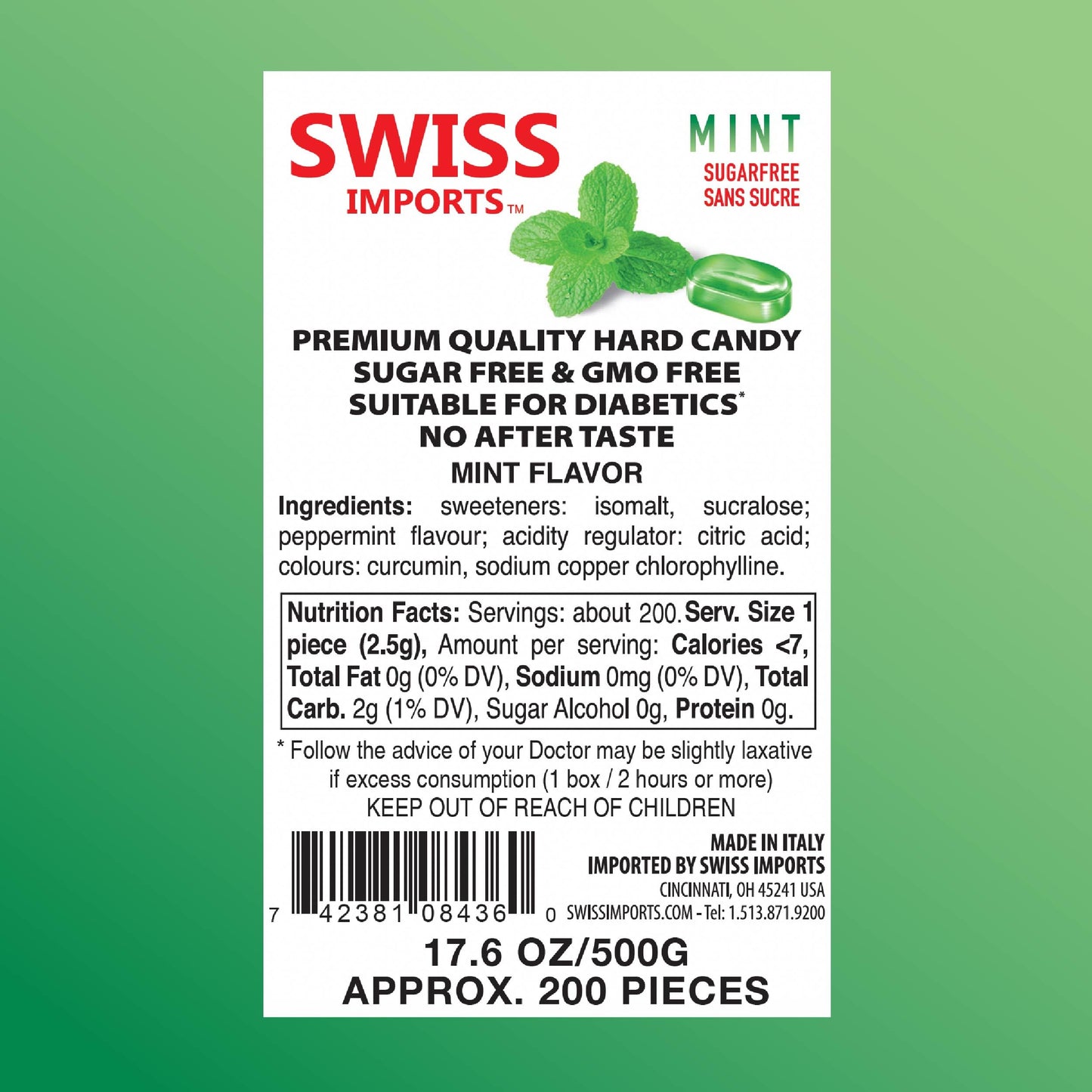 Swiss Imports Sugar Free Bonbons Hard Candy Drops, Mint, 200 Individually Wrapped Pieces, 500G/17.6Oz