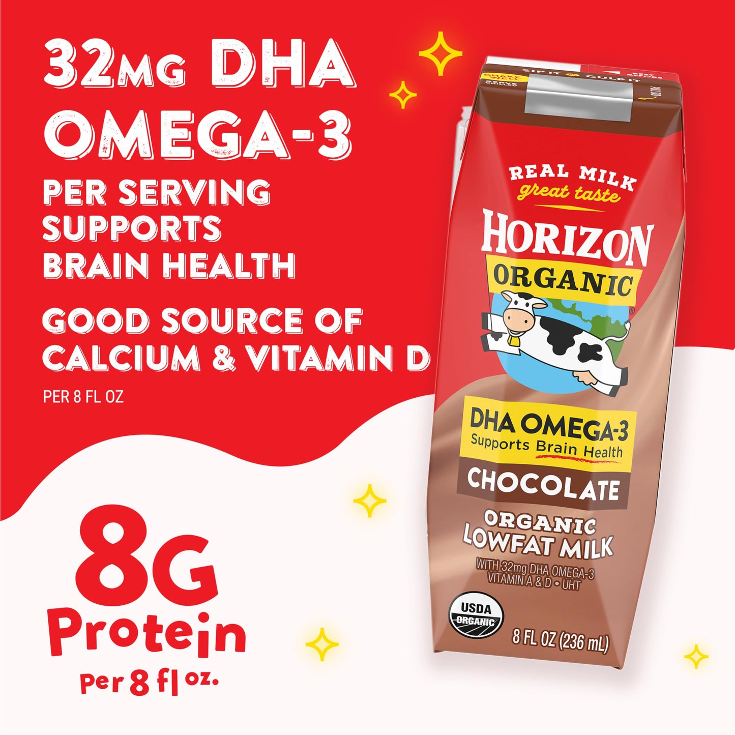 Horizon Organic Shelf Stable 1% Lowfat DHA Omega-3 Chocolate Milk Boxes, 8 fl oz, 6 Count - 8g Protein per Serving, USDA Organic