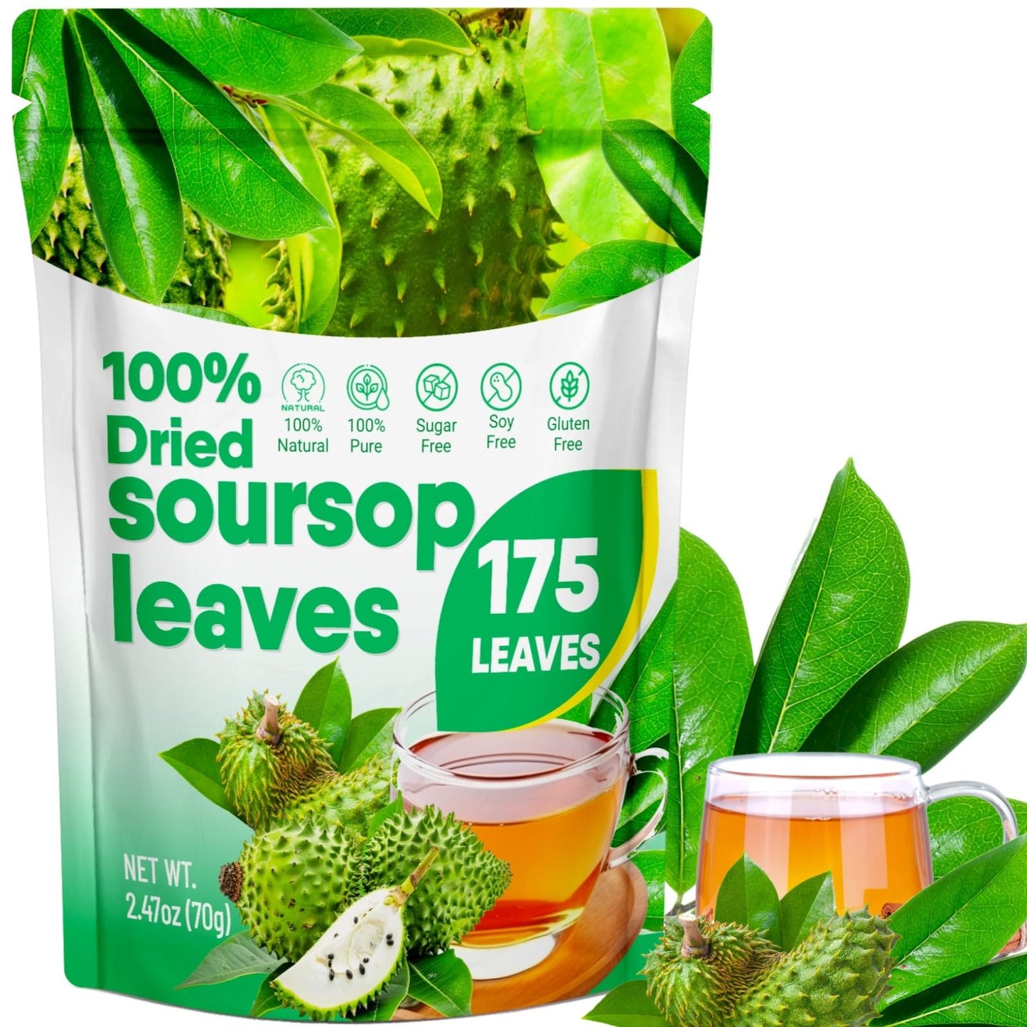 Egcina Dried Soursop Leaves for Tea - 100% Natural, Caffeine Free, 2.47 oz (70 g)