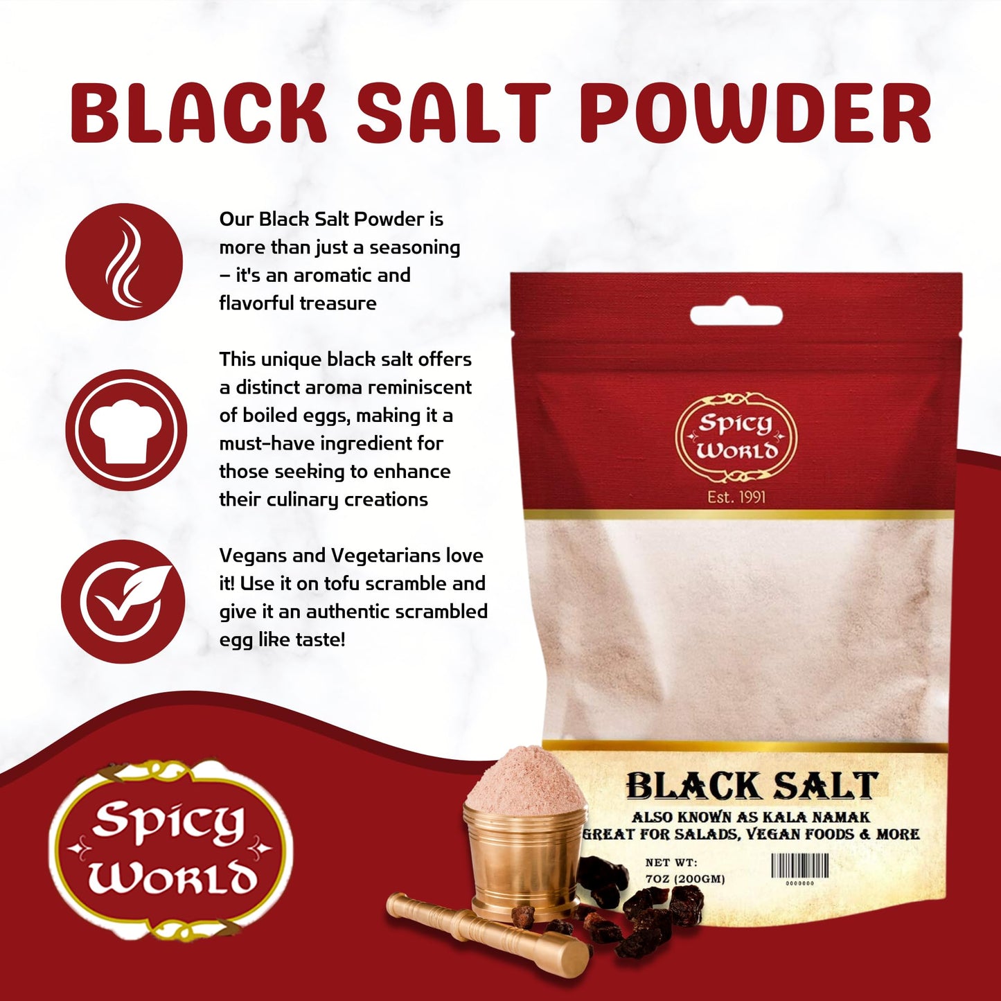 Spicy World Black Salt Powder (Kala Namak Mineral) 7 Oz - Vegan, Pure, Unrefined, Non-GMO & Natural - Perfect for Tofu Scramble,