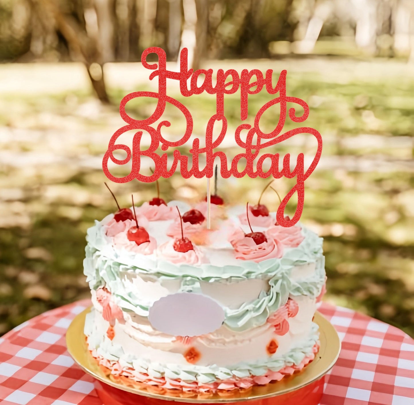 EONNCNT Happy Birthday Cake Topper - Red Glitter Paper Decoration - MOUCCT-HB