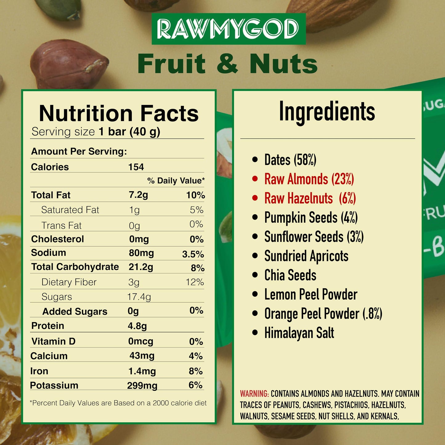 RAWMYGOD Fruit and Nut Bars, Vegan, Gluten Free, 16 Count, 4.8g Protein per Bar