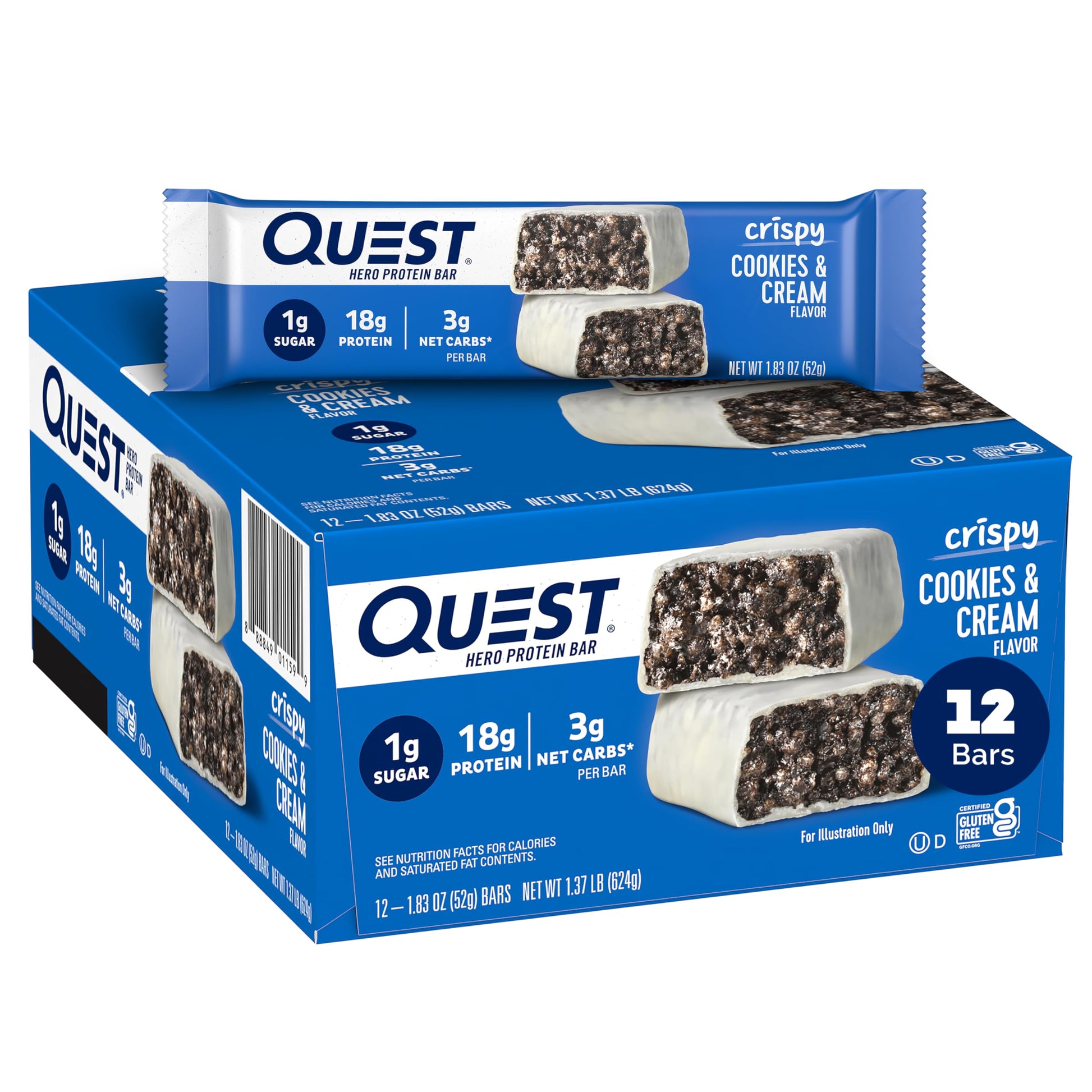 Quest Nutrition Crispy Cookies & Cream Hero Protein Bar, 18G Protein, 1G Sugar, 3G Net Carb, Gluten Free, Keto Friendly, 12 Coun