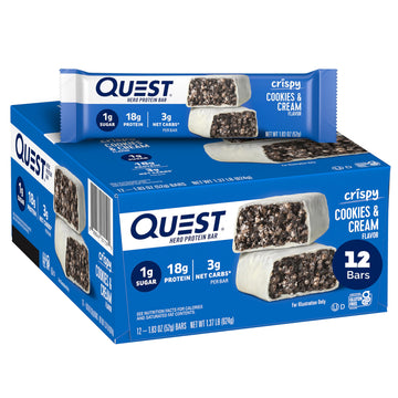 Quest Nutrition Crispy Cookies & Cream Hero Protein Bar, 18G Protein, 1G Sugar, 3G Net Carb, Gluten Free, Keto Friendly, 12 Coun