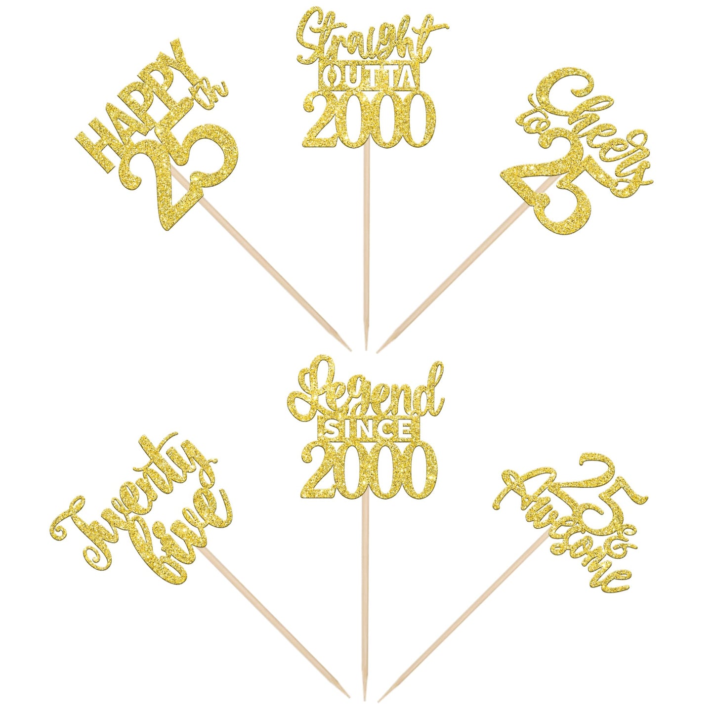 24Pcs Gold Happy 25Th Birthday Cupcake Toppers Twenty Five Straight Outta 2000 Cupcake Picks Cheers To 25 Lengend Since 2000 Cak