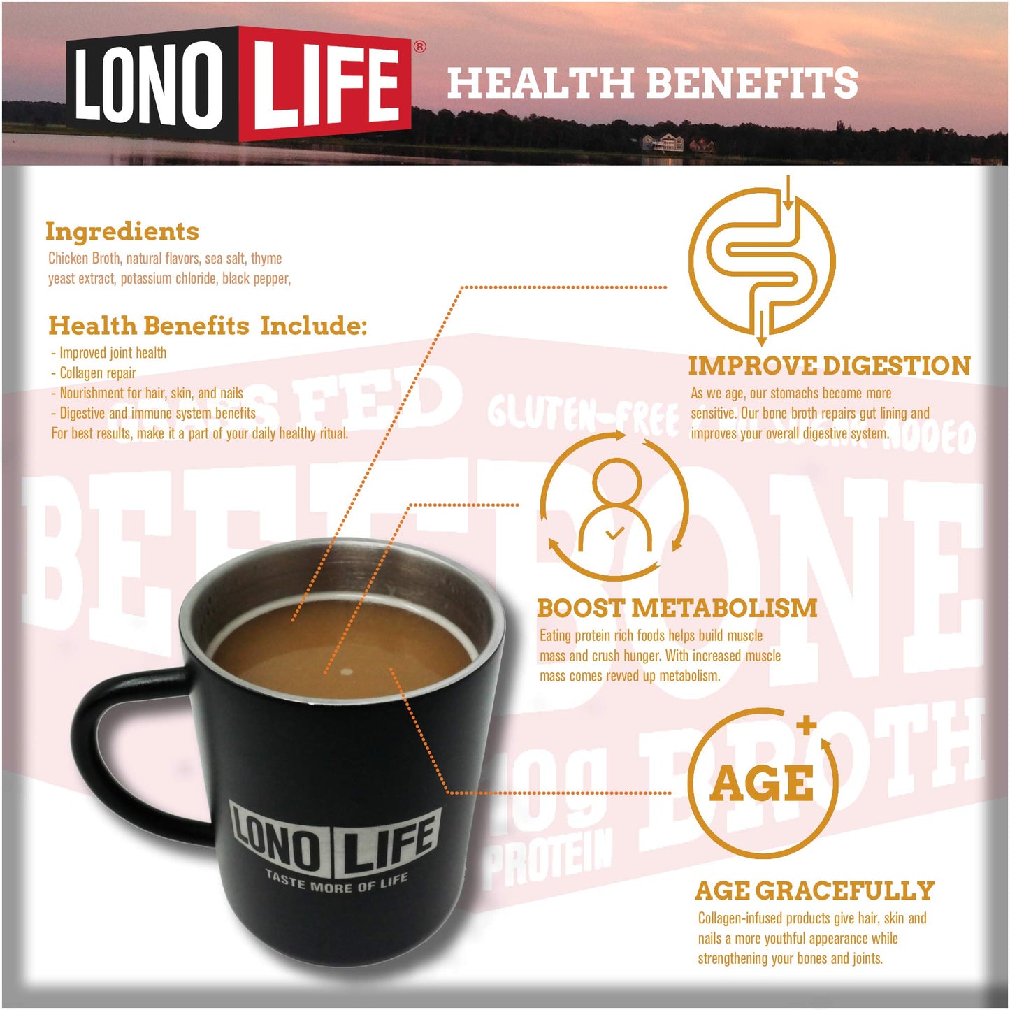 LonoLife Reduced Sodium Chicken Bone Broth Powder Mix | 10g Protein | Collagen-Rich, Keto & Paleo Friendly | Natural Ingredients