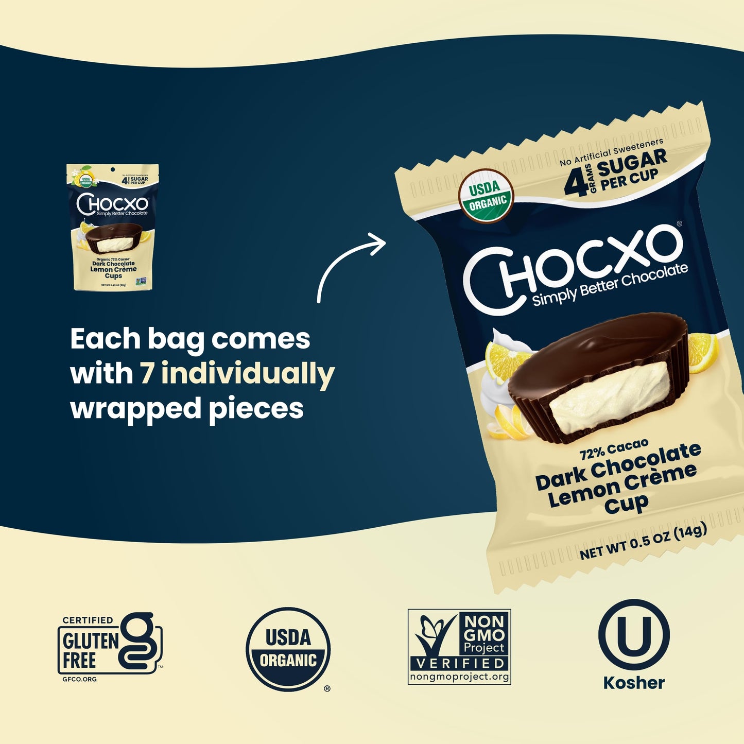 ChocXO Dark Chocolate Lemon Crème Cups - Lower Sugar, Organic, Keto, Gluten Free, 3.45 oz (Pack of 6)