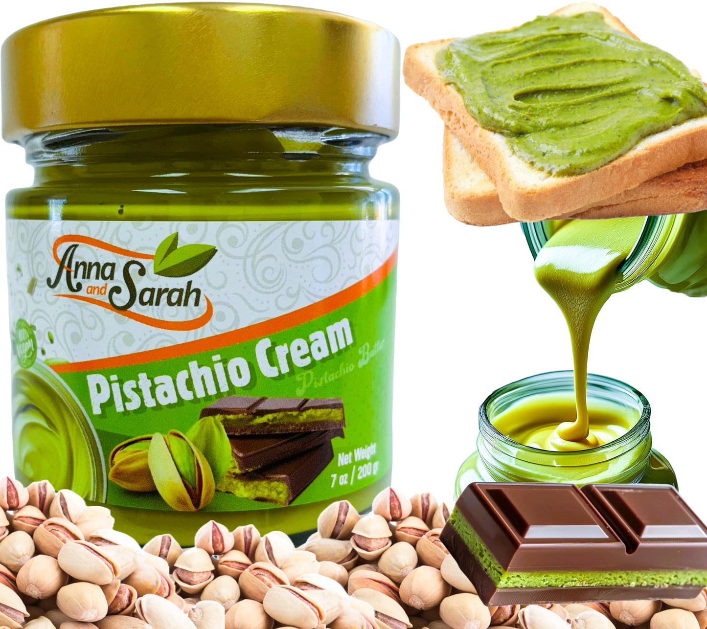 Anna and Sarah Pistachio Butter Spreadable Cream, 7.75 oz, Gluten Free, Halal, Ideal for Knafeh and Chocolate Desserts
