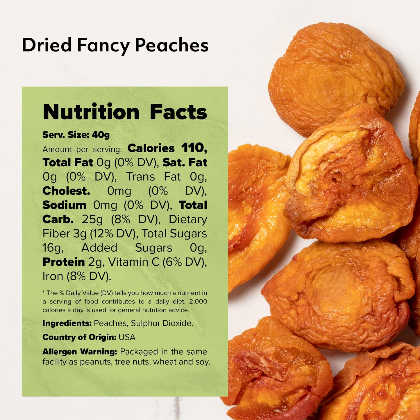 NUTS - U.S. Dried Fancy Peaches | Natural Snack | Vegan, Gluten Free | 1 LB Resealable Bag