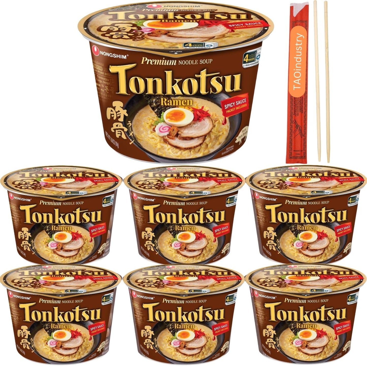 Tonkotsu Ramen Bowls Bundle Spicy Sauce Favor - 3.56 Oz Premium Noodle Soup, 6 Counts. Free Taoindustry Chopsticks