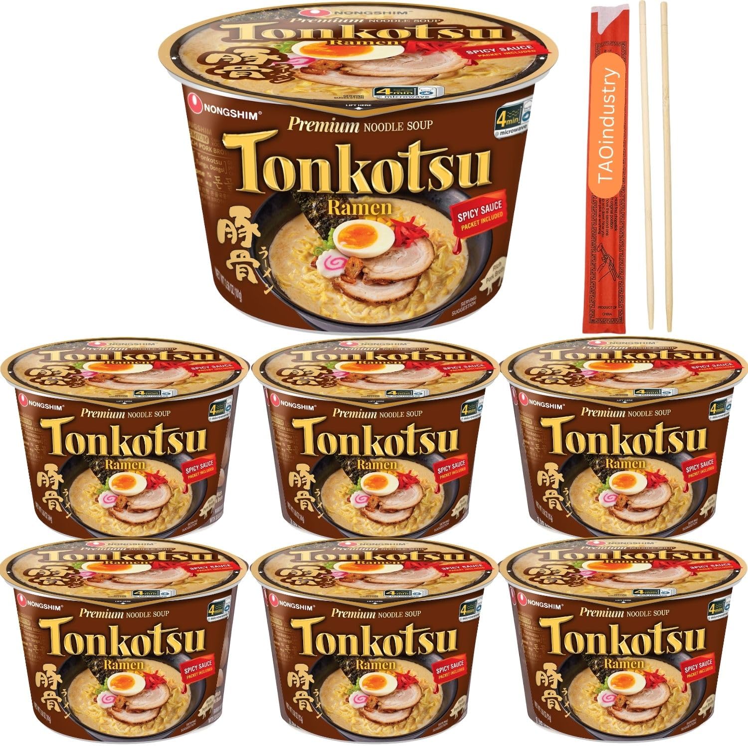 Tonkotsu Ramen Bowls Bundle Spicy Sauce Favor - 3.56 Oz Premium Noodle Soup, 6 Counts. Free Taoindustry Chopsticks