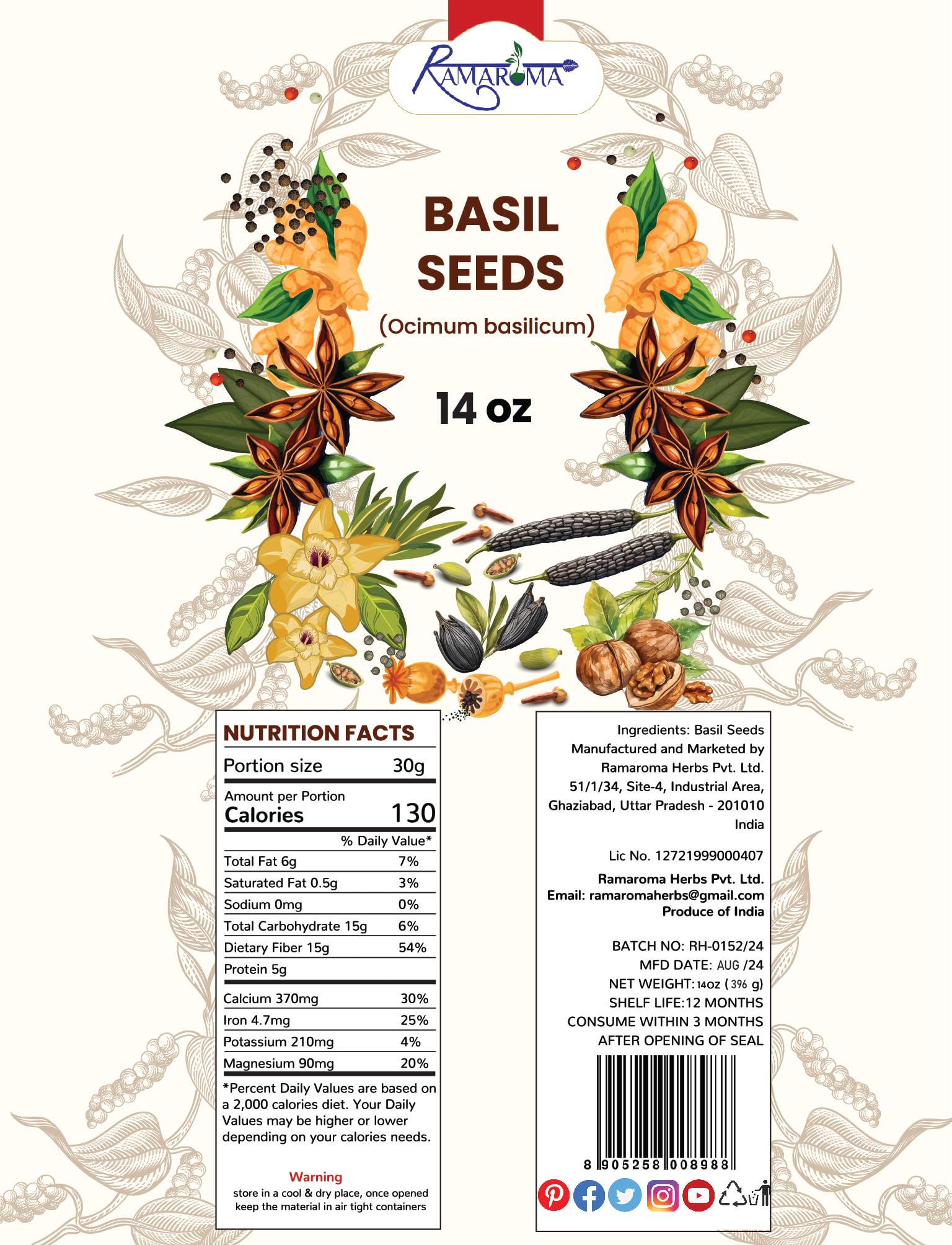 Basil Seeds (Tukmaria) | Edible Basil Seeds Usda Organic | More Fiber Than Chia Seeds | Plant Based, Keto, Paleo, Vegan, Prebiot