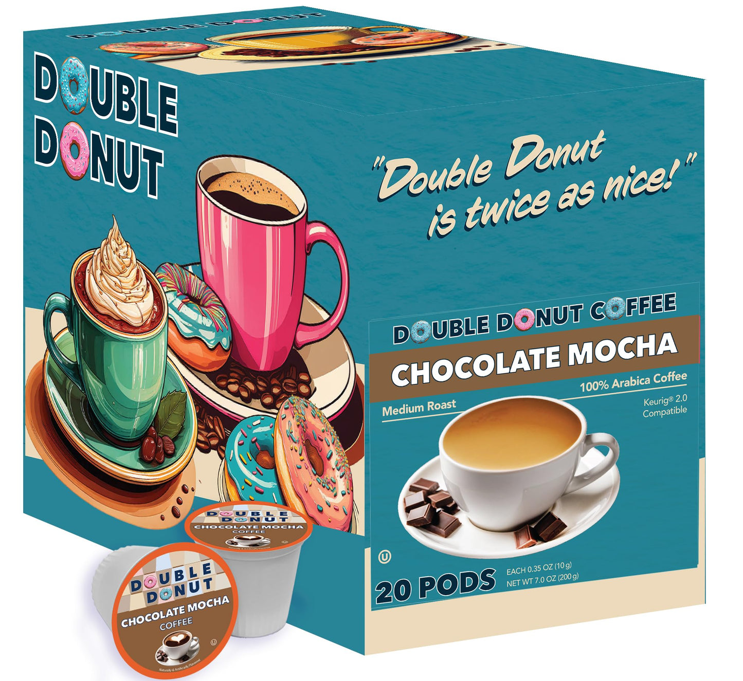 Double Donut Coffee Chocolate Mocha Coffee Pods, Medium Roast, 20 Count, Compatible with Keurig K Cups