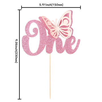 Gyufise 1Pcs Butterfly One Cake Topper Pink Glitter Baby Shower Butterfly 1St Birthday Cake Pick Decorations For Butterfly Theme